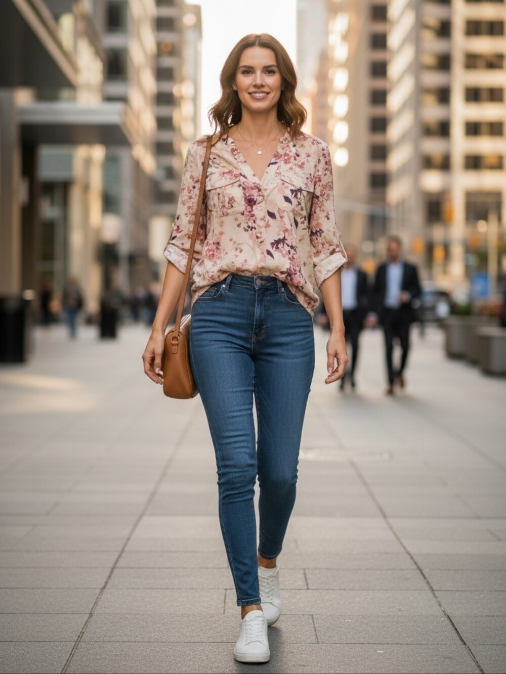 New York & Company Cream Floral V-Neck Roll-Sleeve Tunic